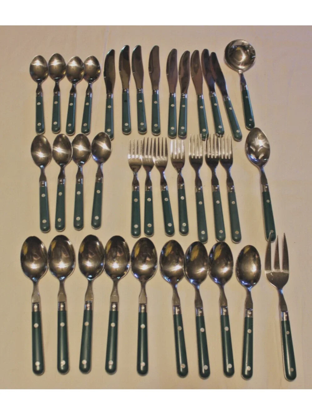 Vintage Mardi Gras Green Handle Stainless Flatware 35 Pc Lot WF China Retro
